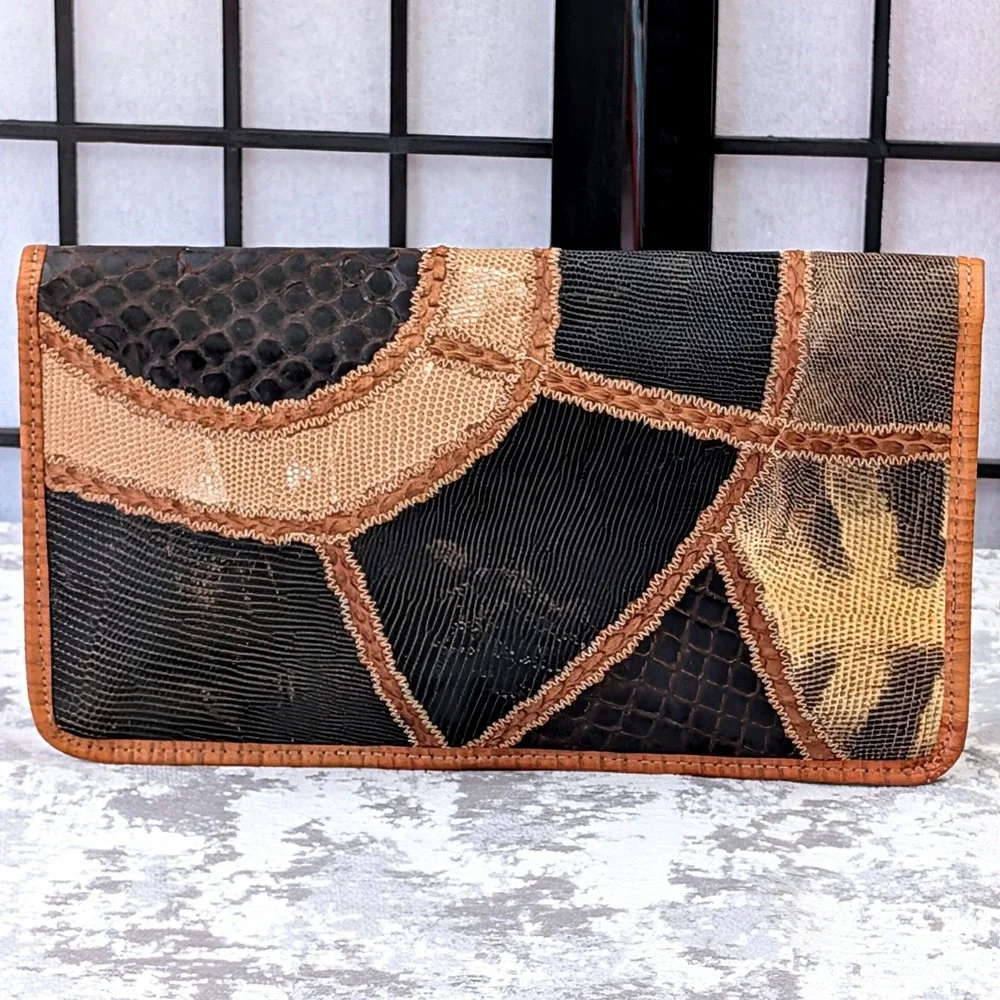 Carlos‎ Falchi Patchwork Leather Clutch Handbag Brown Black Tan Exotic Skin